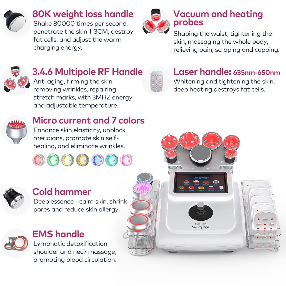 SQ154B Max 11in1 80K 캐비테이션 복합 뷰티 기기 | RF · 흡입 마사지 · EMS · 레이저 패드 · 쿨링 서브 이미지