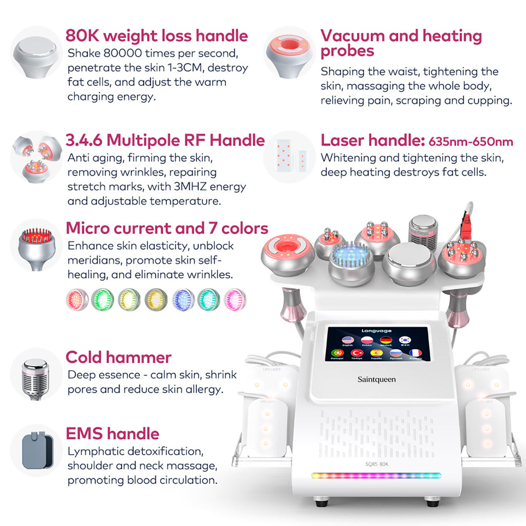 SQ85D Plus 9in1 80K 캐비테이션 복합 뷰티 기기 | RF · 흡입 마사지 · EMS · 레이저 패드 · 쿨링
