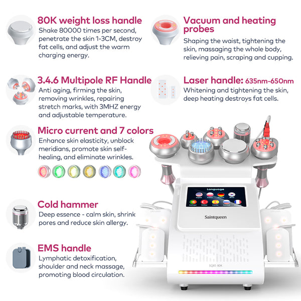 SQ85D Plus 9in1 80K 캐비테이션 복합 뷰티 기기 | RF · 흡입 마사지 · EMS · 레이저 패드 · 쿨링