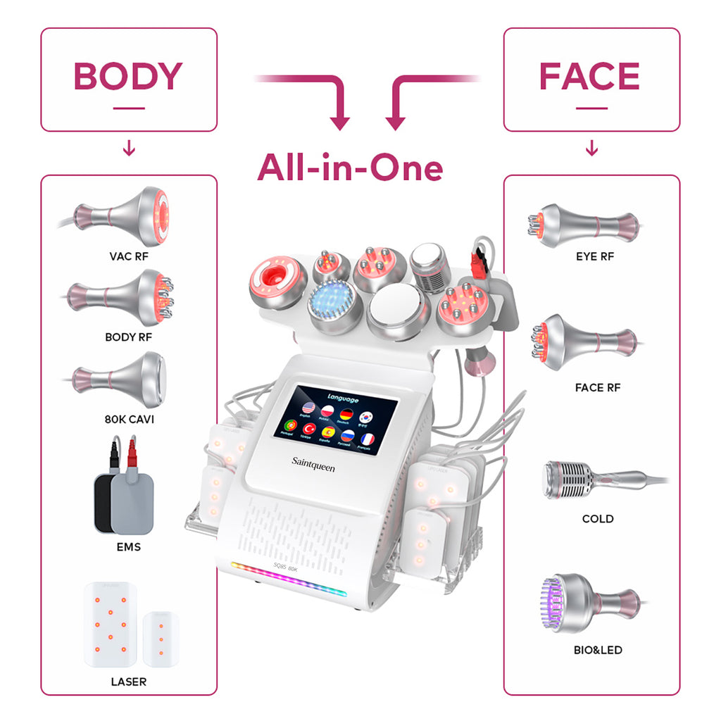 SQ85D Plus 9in1 80K 캐비테이션 복합 뷰티 기기 | RF · 흡입 마사지 · EMS · 레이저 패드 · 쿨링