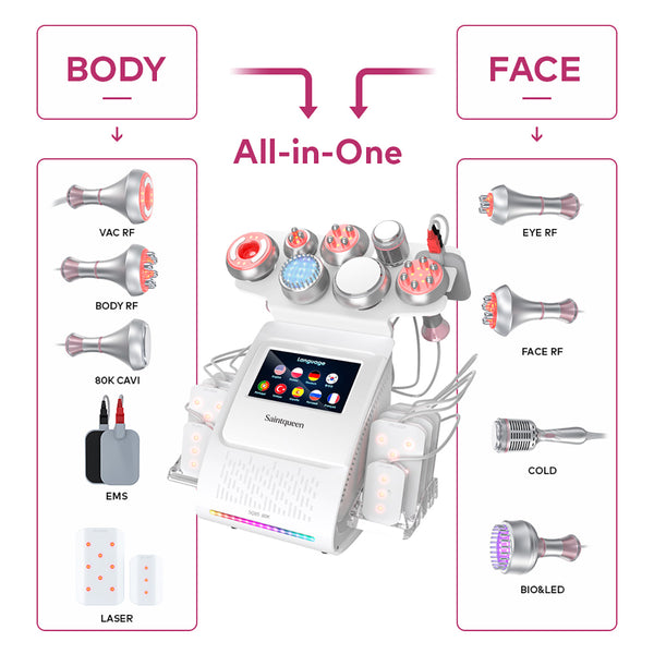 SQ85D Plus 9in1 80K 캐비테이션 복합 뷰티 기기 | RF · 흡입 마사지 · EMS · 레이저 패드 · 쿨링