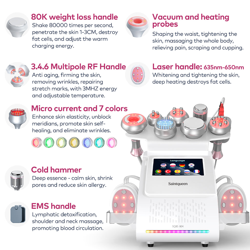 SQ85E Plus 9in1 80K 캐비테이션 복합 뷰티 기기 | RF · EMS · 레이저 패드