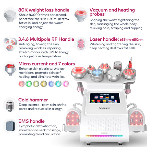 SQ85E Plus 9in1 80K 캐비테이션 복합 뷰티 기기 | RF · EMS · 레이저 패드