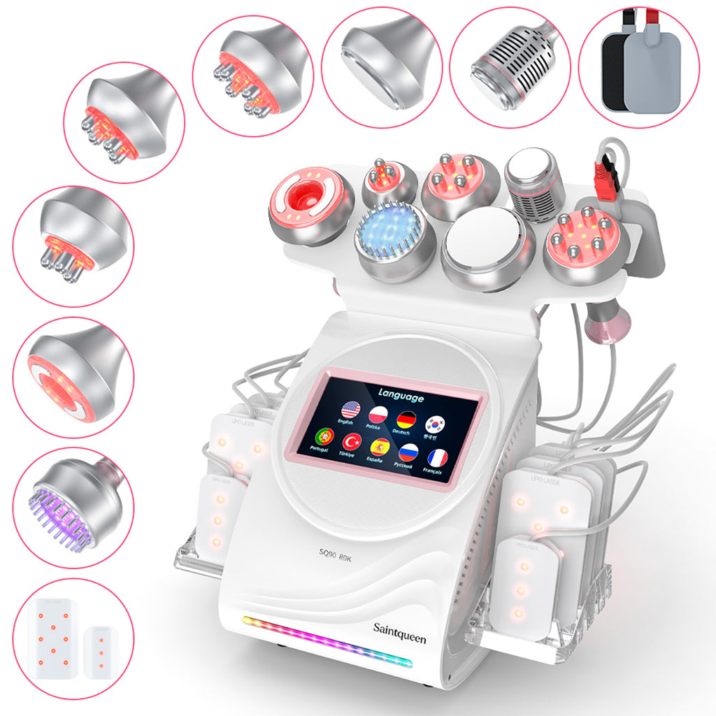 SQ90D Plus 9in1 80K 캐비테이션 복합 뷰티 기기 | RF · 흡입 마사지 · EMS · 레이저 패드 · 쿨링
