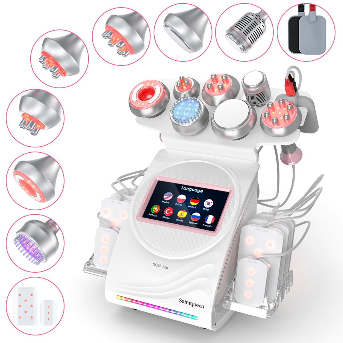 SQ90D Plus 9in1 80K 캐비테이션 복합 뷰티 기기 | RF · 흡입 마사지 · EMS · 레이저 패드 · 쿨링