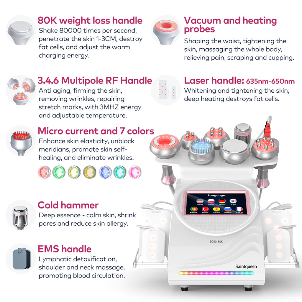 SQ90D Plus 9in1 80K 캐비테이션 복합 뷰티 기기 | RF · 흡입 마사지 · EMS · 레이저 패드 · 쿨링