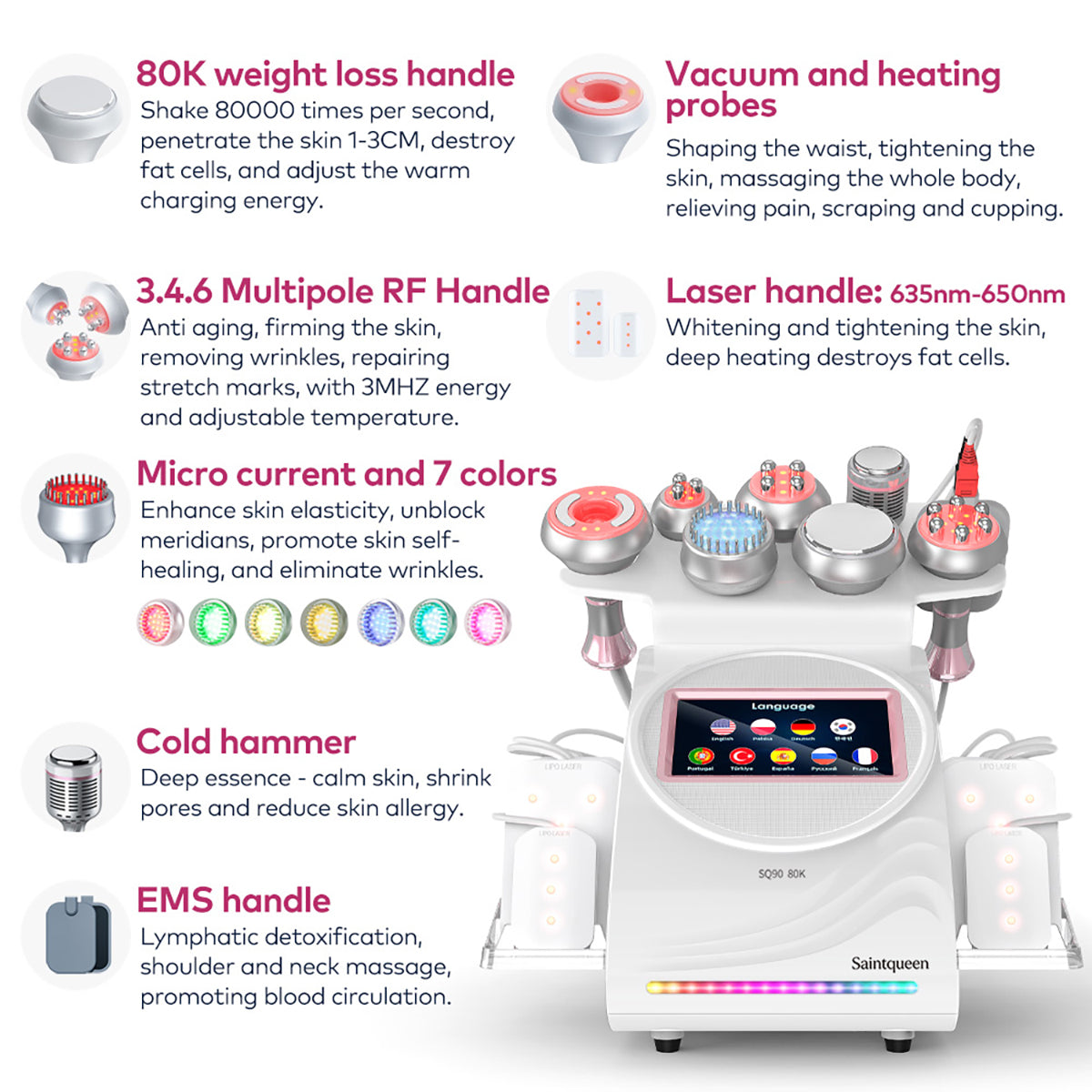 SQ90D Plus 9in1 80K 캐비테이션 복합 뷰티 기기 | RF · 흡입 마사지 · EMS · 레이저 패드 · 쿨링