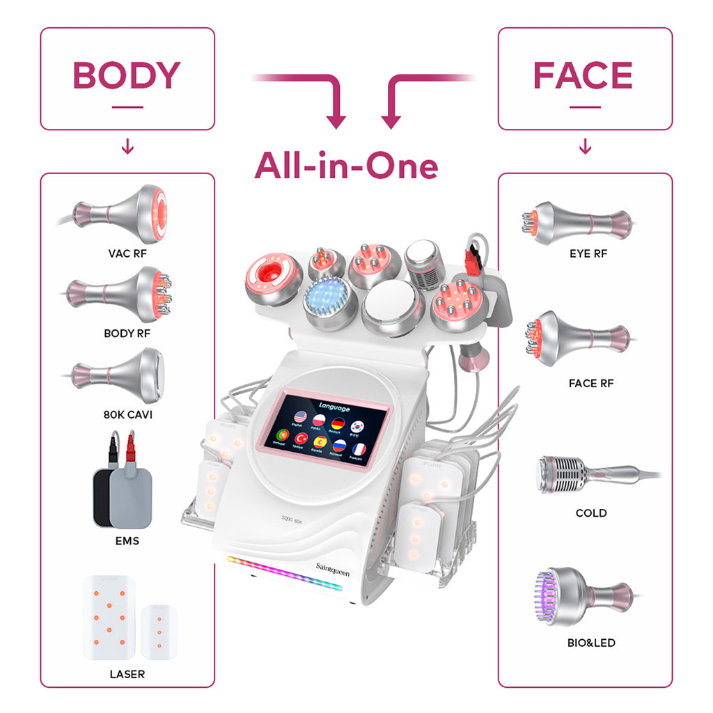 SQ90D Plus 9in1 80K 캐비테이션 복합 뷰티 기기 | RF · 흡입 마사지 · EMS · 레이저 패드 · 쿨링