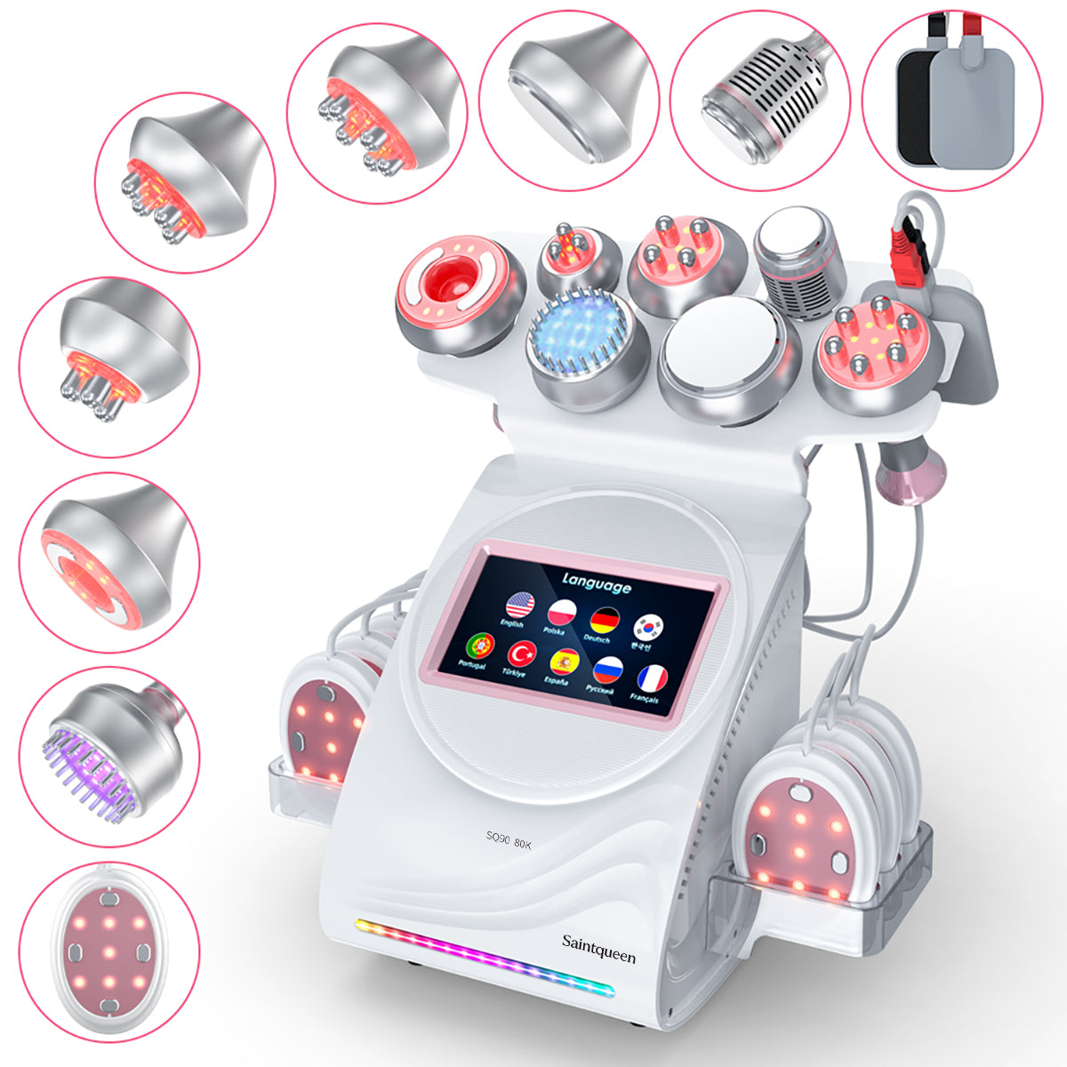 SQ90E Plus 9in1 80K 캐비테이션 복합 뷰티 기기 | RF · 흡입 마사지 · EMS · 레이저 패드 · 쿨링 메인 이미지
