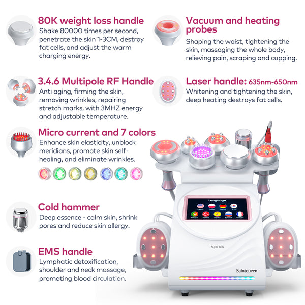 SQ90E Plus 9in1 80K 캐비테이션 복합 뷰티 기기 | RF · 흡입 마사지 · EMS · 레이저 패드 · 쿨링