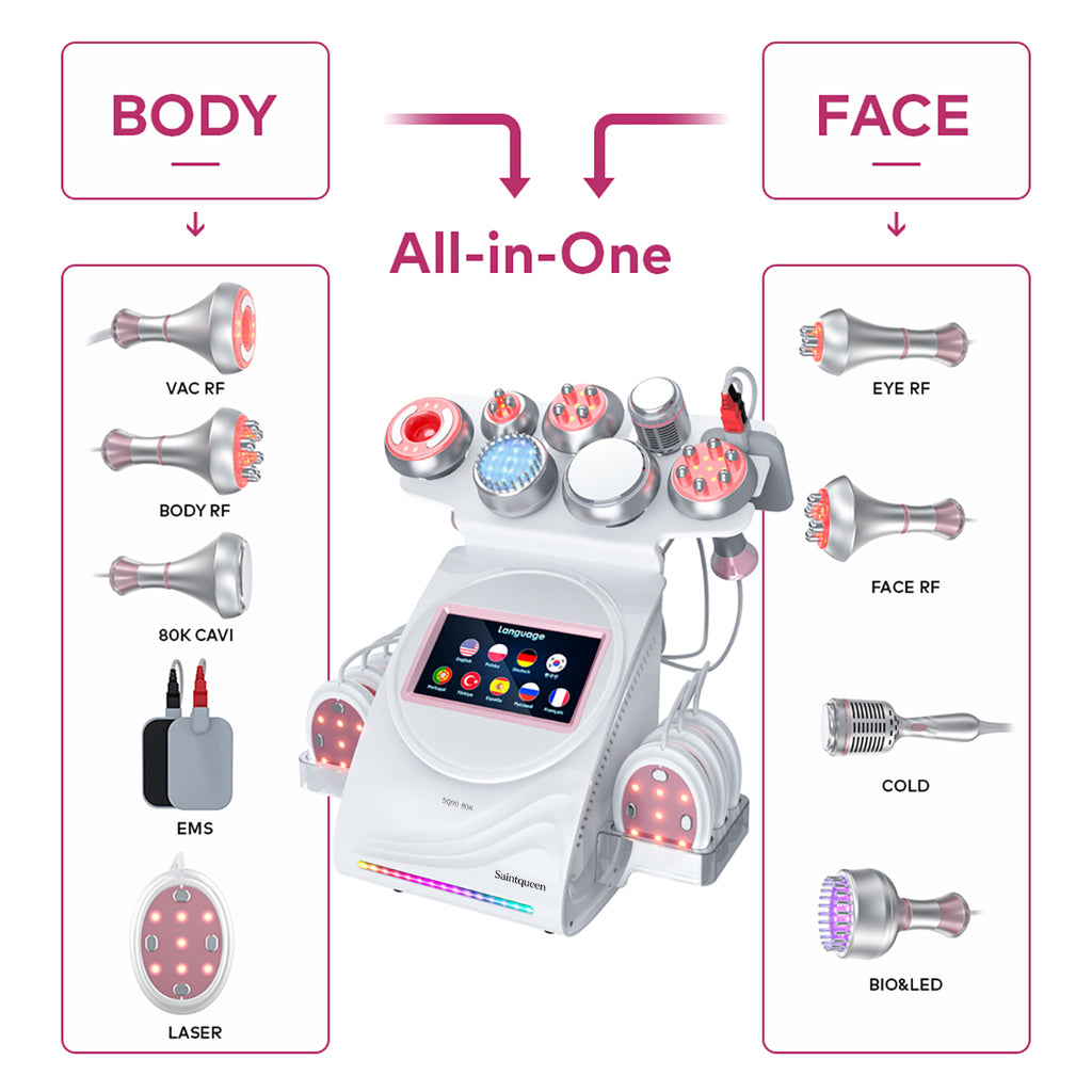 SQ90E Plus 9in1 80K 캐비테이션 복합 뷰티 기기 | RF · 흡입 마사지 · EMS · 레이저 패드 · 쿨링