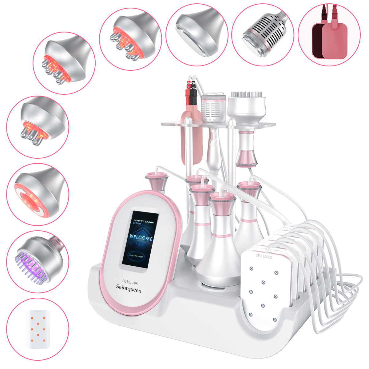 SQ121C Plus 9in1 80K 캐비테이션 복합 뷰티 기기 | RF · 흡입 마사지 · EMS · 레이저 패드 · 쿨링