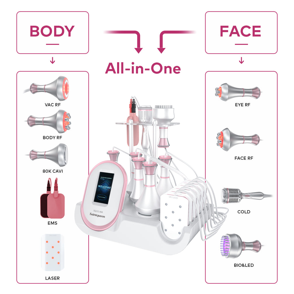 SQ121C Plus 9in1 80K 캐비테이션 복합 뷰티 기기 | RF · 흡입 마사지 · EMS · 레이저 패드 · 쿨링
